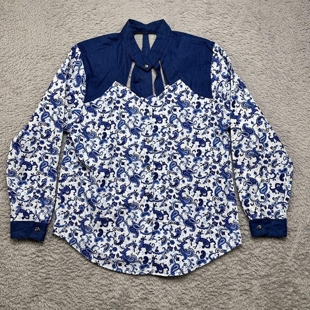 Rough Rider Western Shirt Womens L Denim Paisley Cut Out Long Sleeve USA Made